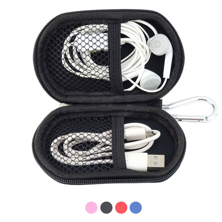 Earphone Handsfree Headset HARD EVA Case - Clamshell/MESH Style with Zipper Enclosure, Inner Pocket, and Durable Exterior Plus Silver Climbing Carabiner With Case Star Cell Phone Bag (EVA Earphone Case-Black and Hot Pink)